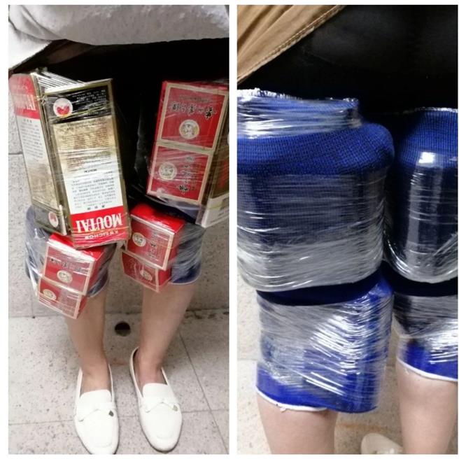 一名50岁香港妇人两腿绑藏了6支大陆知名白酒，近日被澳门海关查获，最高恐被处新台币20万元罚款。（澳门海关）