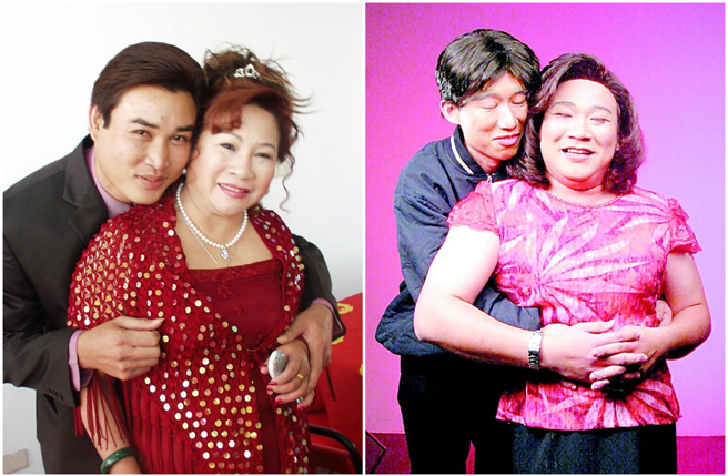 莉莉与库安2003年结婚(左图)，这段姊弟恋也一度成为模仿秀乔段(右图)。 （图／中时资料照）
