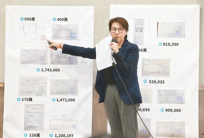 柯文哲总统大选政治献金外界疑义一次澄清记者会」，时任竞总总干事黄珊珊说明最新清查单据。（王英豪摄）