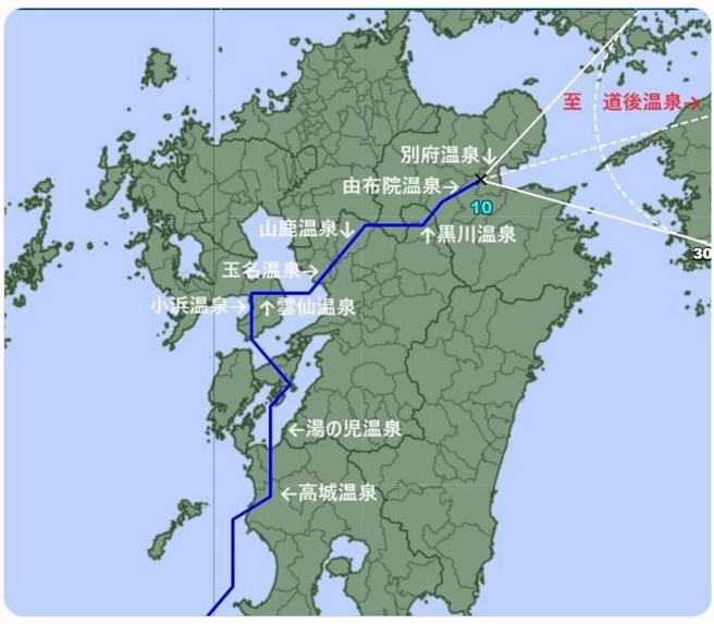 日本网友无奈分享颱风路径，几乎沿着温泉景点北上。（翻摄网路）