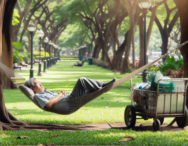 小贩躺在吊床上补眠，没想到杆子突然倒塌，当场被重压惨死。（示意图／AI生成图）