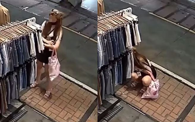 新北市新莊夜市日前一間服飾店遭到女竊賊偷走衣物，女老闆娘透過監視器畫面發現女竊賊手法老練。（圖／翻攝自臉書爆料公社）