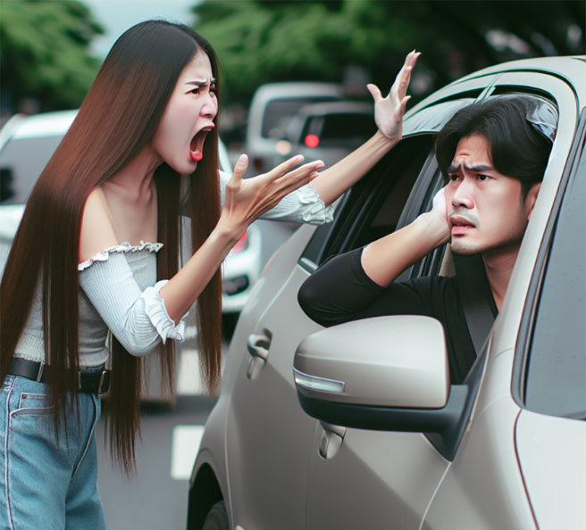 女子逆向超车失败，竟辱骂殴打对向车道的男姓驾驶，嚣张画面引起网友怒火。（示意图／AI生成图）