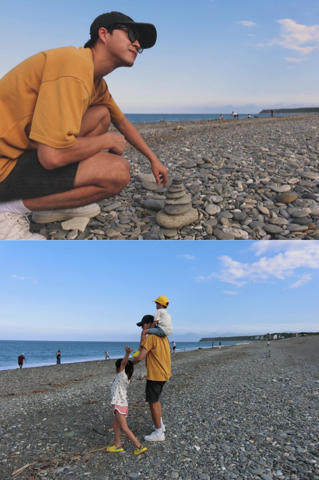 江宏杰30日在社群晒出自己在花莲七星潭迭石头及与家人看海的照片。（图／翻摄自江宏杰脸书）