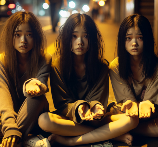 3名柬埔寨女子出沒在曼谷紅燈區乞討，結束後就會換回原本的漂亮衣服，四處吃喝玩樂。（示意圖／AI生成圖）