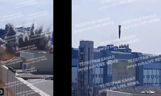 烏克蘭第二大城哈爾科夫，一處購物商場被俄羅斯伊斯坎德爾飛彈以垂直角度擊中。(圖/X)