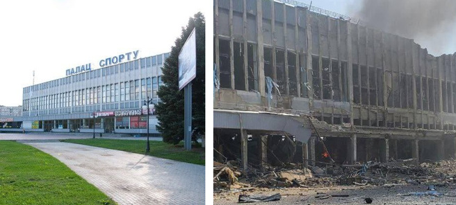  哈爾科夫體育場遭到多枚飛彈擊毀，原本光鮮的外貌變成一片燃燒的廢墟。(圖/X)