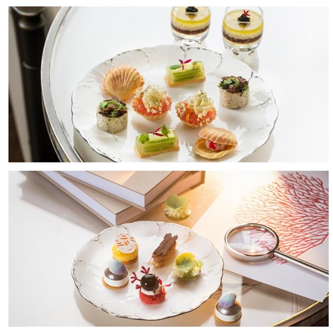 行政主厨冯俊杰精选如藜麦、青芦笋等健康清爽的食材，搭配以黑松露、鲑鱼卵与干贝等鲜美元素，巧妙创作多款外型吸睛（上图），行政西点主厨赵崇曦以秘境瑰宝所呈现的自然之美为灵感，每一款甜品皆展现创意巧思与美感。（台北文华东方酒店提供）
