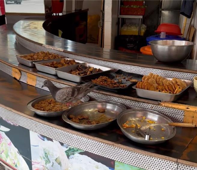 高雄位於三民區一處素食餐廳，遭民眾目擊有鴿子走上自助餐檯，一腳踩進飯菜中享用美食，讓網友笑稱是有「人禽」味的餐廳，但也引發不少人擔心有衛生疑慮。（翻攝自「爆料公社」／任義宇高雄傳真）