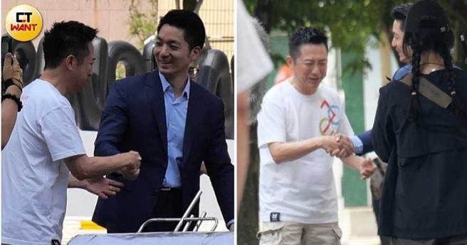 哈林和台北市长蒋万安一同拍摄市政公益广告时，两人一见面就握手寒暄。（图／本刊摄影组）