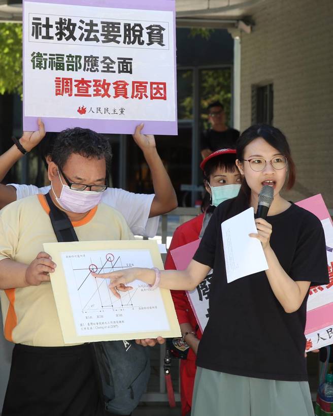 人民民主党等民团4日到到卫福部抗议，指出卫福部今年4月公布社会救助法的修法草案，预告期仅1个月、未根本面对导致弱势者致贫的结构因素，仍维持关键造成贫穷黑数的「虚拟收入计算」与限制户籍地申请等资格，缺乏脱贫制度的整体观点。（王英豪摄）