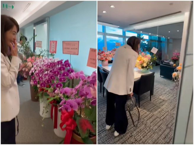 贾永婕一一细数收到的花盆，同时曝光办公室内部。（贾永婕脸书）