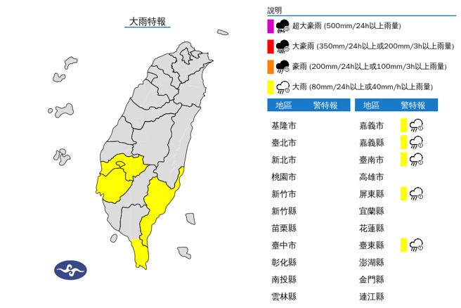 气象署5县市大雨特报。（气象署）
