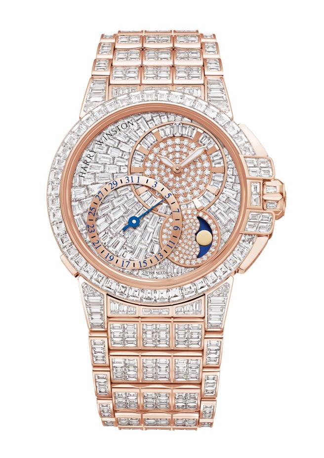 海瑞溫斯頓Ocean Date Moon Phase Baguette月相全鑽鑽表。（Harry Winston提供）