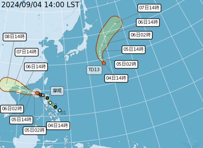 摩羯颱風跟熱帶性低氣壓TD13預測路徑。（翻攝自中央氣象署）