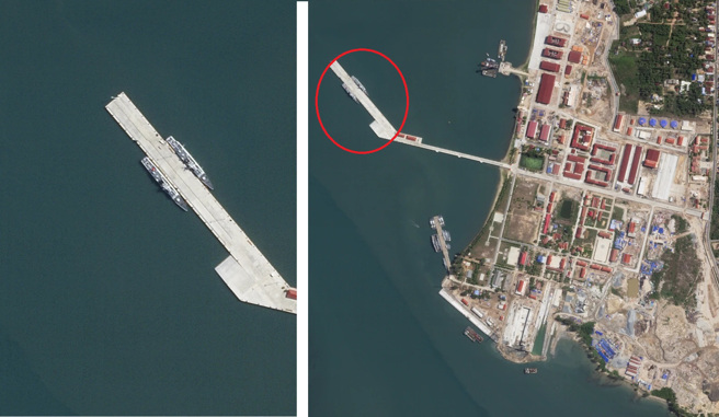 柬埔寨的雲朗海軍基地擴建了一段碼頭，其中有2艘大陸製的056軍艦長期泊駐，引發美國猜測：中國大陸是否企圖將此處做為海外永久基地。(圖/美聯社)