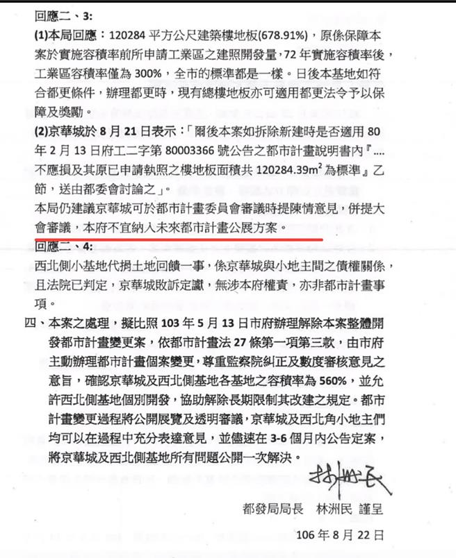 2017年前都發局長林洲民向前台北市長柯文哲表達京華城容積放寬不宜，會有不同主政者不同見解及因人設事疑慮。（台北市議員林延鳳提供／劉彥宜台北傳真）