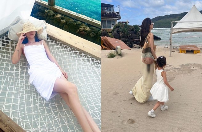 张馨月秀美腿，分享跟女儿合影。（图／翻摄自张馨月Carina微博）