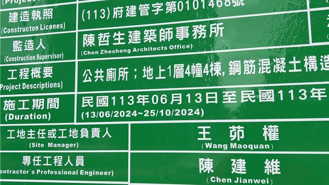 台東舊站特區示範公廁遭質疑造價偏高，台東縣府澄清，告示牌僅註明4幢4棟，總共21間及包含周邊設施。（讀者提供／蔡旻妤台東傳真）