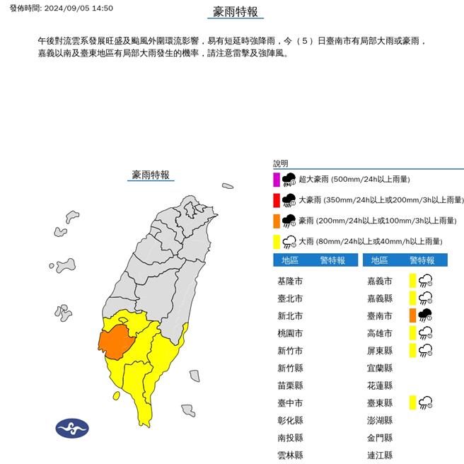 中央气象署发布台南豪雨特报。（市府水利局提供／宝智华台南传真）