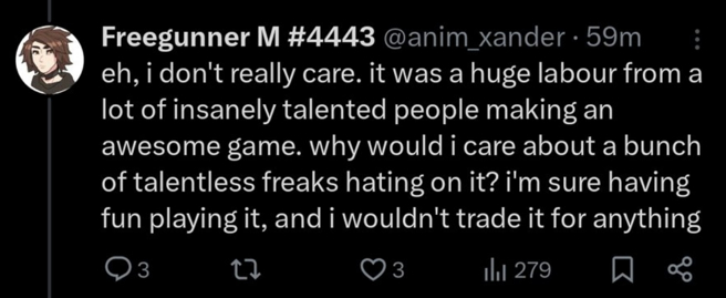 《星鳴特攻》遊戲設計師Xander Anim看到發售日慘況，仍極具信心，還嗆網友「為什麼我要去在乎那些無能白癡的負面言論」。(圖／取自推特)