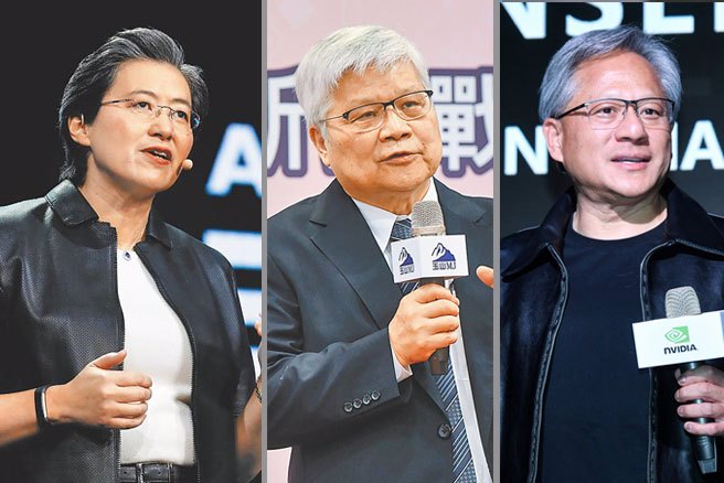 由左至右为超微半导体董事长暨执行长苏姿丰、台积电董事长魏哲家、辉达执行长黄仁勋。（合成图／路透、报系资料照片）