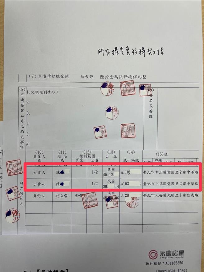 民眾黨今（6）日出示商辦的「所有權買賣移轉契約書」自清，證明確實由房屋仲介安排看屋，與京華城無關，奉勸鍾小平拿出具體證據，否則就要吃上官司。（民眾黨提供）