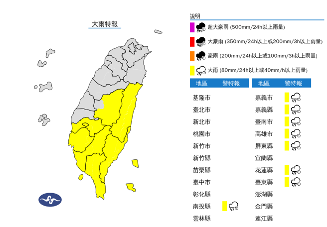 對流雲系發展旺盛，氣象署發布大雨特報。（中央氣象署提供）
