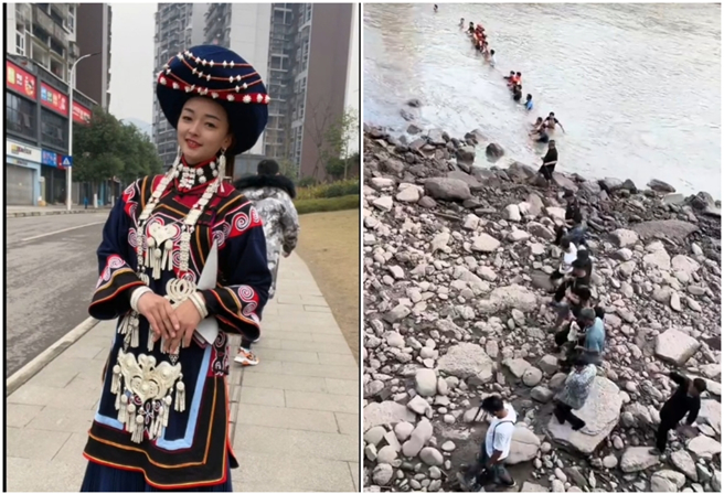 网红「小英莫」晒衣服意外坠河，上百亲友搭起「人桥」拦河搜救。（图／摄自 微博）