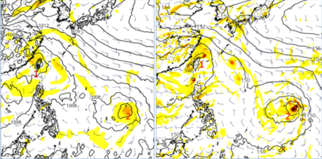 歐洲模式模擬顯示，下周二在台灣附近的擾動（1）結構鬆散；關島附近則有擾動（2）醞釀，應持續觀察。（翻攝《三立準氣象－老大洩天機》）