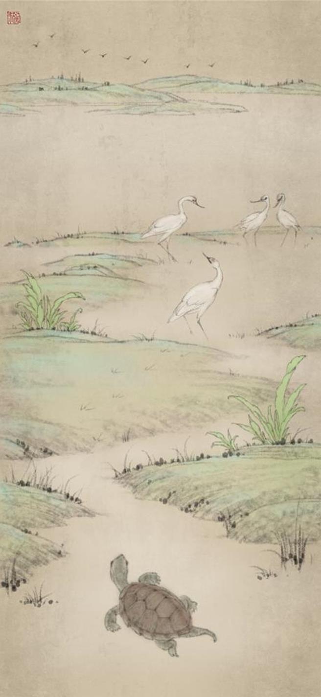 甘肅發現中國首道龜類行跡和首組龜鳥共生足跡組合。圖為湖畔鳥類與龜類造跡者場景復原圖。（邢立達提供）