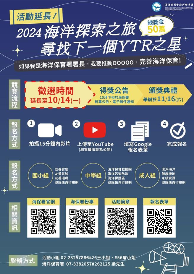 海洋委员会海洋保育署举办的「2024海洋探索之旅 寻找下一个YTR之星」海洋保育创意影音竞赛，原订于9月20日截止的报名时间延长至10月14日。（海保署提供／林雅惠高雄传真）