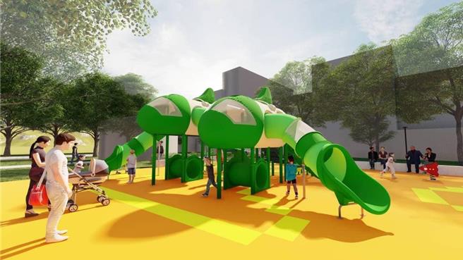 溪湖镇军机公园以基地周遭的飞机做为主题发想，利用溜滑梯、攀爬网等组合成飞机造型溜滑梯。（示意图，溪湖镇公所提供／叶静美彰化传真）