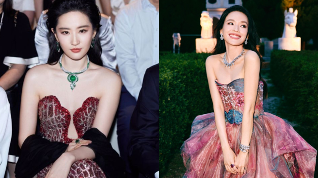 刘亦菲(左)在宝格丽活动晚宴热舞，网挖舒淇(右)影片对比。（图／翻摄自微博）