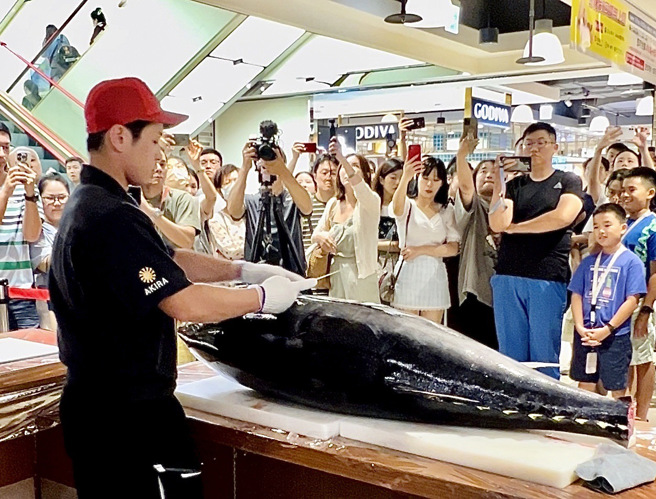 日本職人解剖七十公斤鮪魚，現場提供試吃。(聽儷科技提供)