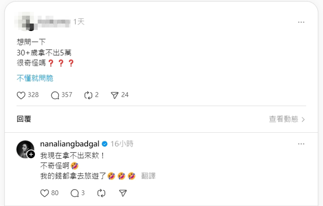 梁云菲笑说，因为钱都拿去旅游了。（图／梁云菲IG）