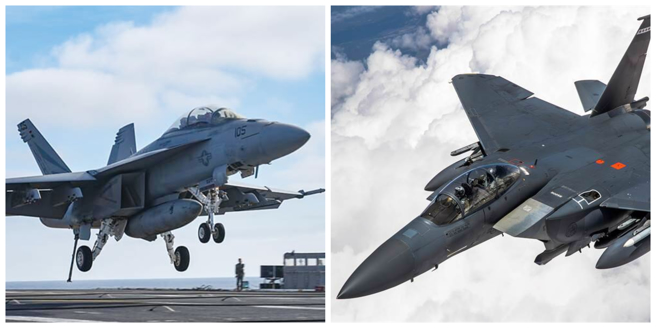 去年5月曾传出国军有意购买美制F/A-18E战机（左）取代法制幻象2000-5战机，而军事专家施孝玮则认为，F-15EX战机（右）适合台湾。（合成图，素材取自美国海军、空军）
