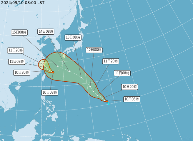 目前海面上2个热带性低气压，明天都有机会增强成颱风。 （翻摄自气象署）