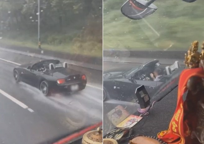 BMW-Z4車主沒關敞篷，下大雨行駛國道被網友拍下PO網。（翻攝爆料公社）