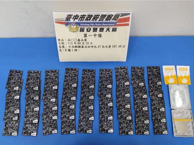 台中市警局保安警察大队10日晚间拦查一辆牌照灯未亮的小客车，洪姓驾驶竟双手颤抖、咳个不停，还猛对随身携带佛牌求保佑，经警方盘查，洪交出47包毒咖啡，警询后依《毒品危害防制条例》送办。（警方提供／陈淑芬台中传真）