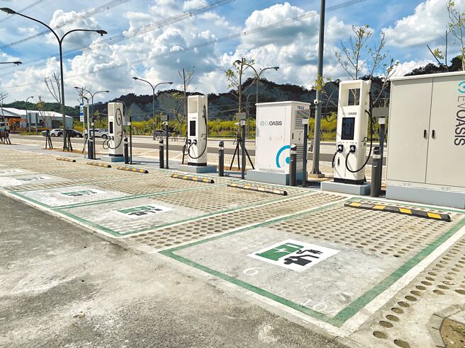 电动车充电需求增加，交通部高公局于国道休息站及服务区建置23站快充站，设有85桩充电桩，共提供154格充电车位，今年全面启动营运。图为东草屯休息站。（本报资料照片）