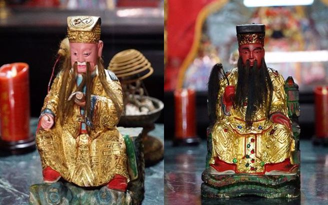 宜兰市城隍庙的鬼谷子神像遭窃，左图为鬼谷子神像、右图为吕洞宾神像。（李忠一摄）