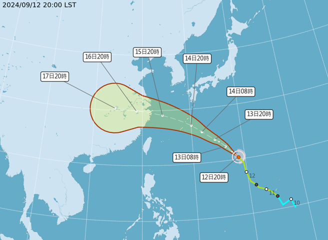氣象署預測颱風未來路徑。（翻攝自氣象署）