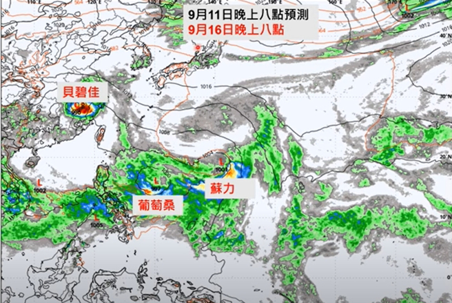 賈新興表示，周日、下周一（15、16日）有雙颱發展機率，若生成分別是「葡萄桑」和「蘇力」。（翻攝賈新興YouTube）