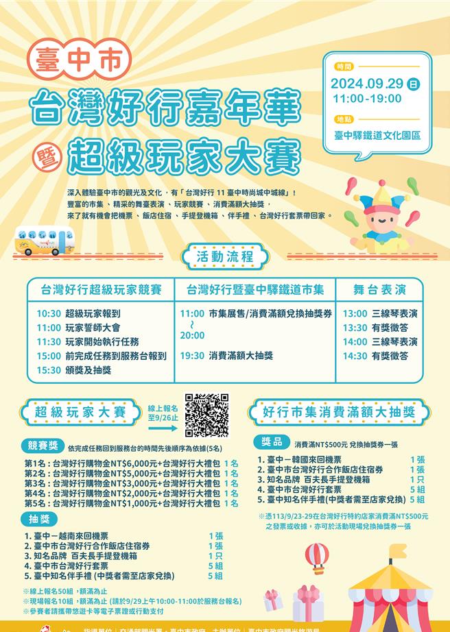 「台中台灣好行嘉年華暨超級玩家大賽」於29日登場，即日起受理報名。（台中市觀旅局提供）