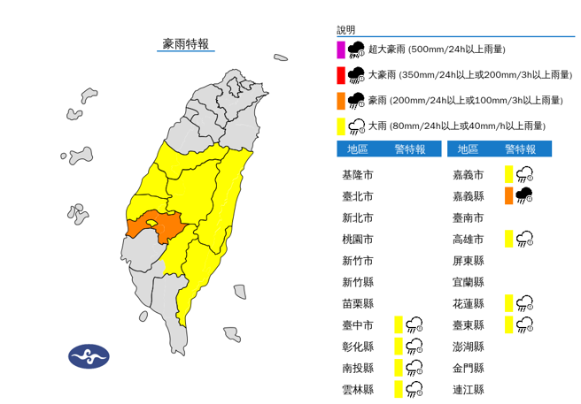 氣象署發布豪大雨特報。（翻攝自氣象署）