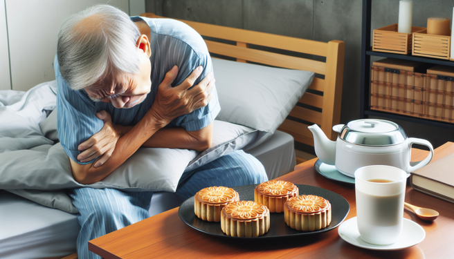 张姓老翁胃食道逆流严重，多年来一直不敢吃甜食，也不敢躺着睡，近期接受抗逆流黏膜切除术，将贲门口缩小，开心「今年终于可以吃月饼了」。（示意图／AI生成）