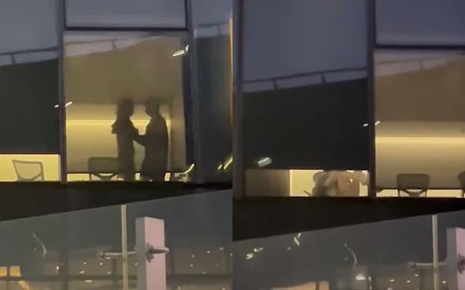 大陆有男女在会议室内上演激情戏码，由于大楼玻璃帷幕零遮蔽，也让大楼外的其他同事边拍边惊呼。（图／翻摄自微博）