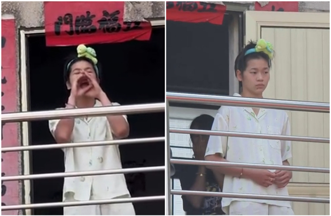 全红婵13日在老家起床又得管秩序，请围观民眾不要吵了。（图／摄自 微博）
