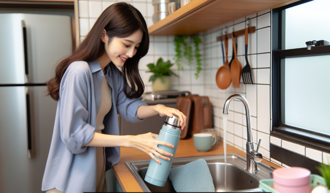 女网友用过碳酸钠清洗保温瓶，整个瓶子浸泡在水里，结果瓶身的漆也大面积脱落。（示意图／AI生成图）